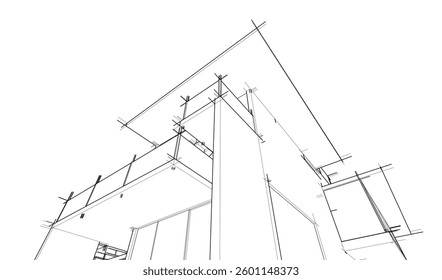 Futuristic Architectural Wireframe. Abstract Modern Building 3d Design