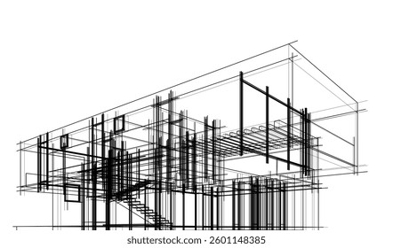 Futuristic Architectural Wireframe. Abstract Modern Building 3d Design