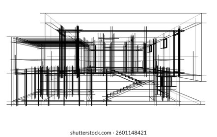 Futuristic Architectural Wireframe. Abstract Modern Building 3d Design