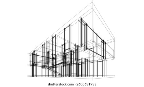 Futuristic Architectural Wireframe. Abstract Modern Building Design in Digital Sketch Style
