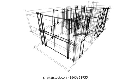 Futuristic Architectural Wireframe. Abstract Modern Building Design in Digital Sketch Style