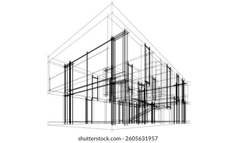 Futuristic Architectural Wireframe. Abstract Modern Building Design in Digital Sketch Style