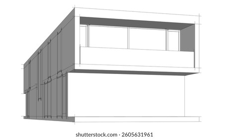 Futuristic Architectural Wireframe. Abstract Modern Building Design in Digital Sketch Style