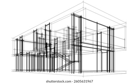 Futuristic Architectural Wireframe. Abstract Modern Building Design in Digital Sketch Style