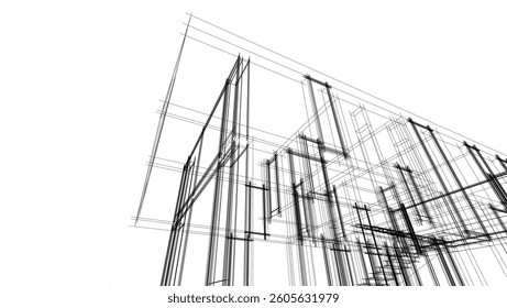 Futuristic Architectural Wireframe. Abstract Modern Building Design in Digital Sketch Style