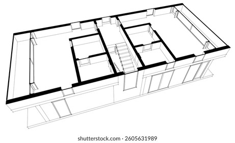 Futuristic Architectural Wireframe. Abstract Modern Building Design in Digital Sketch Style
