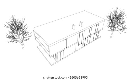 Futuristic Architectural Wireframe. Abstract Modern Building Design in Digital Sketch Style