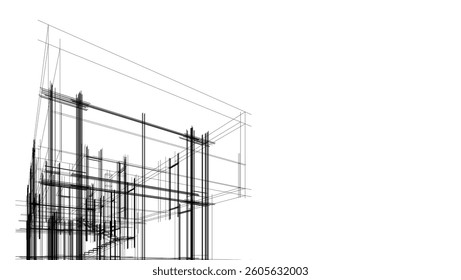 Futuristic Architectural Wireframe. Abstract Modern Building Design in Digital Sketch Style