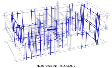Futuristic Architectural Wireframe. Abstract Modern Building Design in Digital Sketch Style