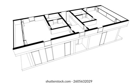 Futuristic Architectural Wireframe. Abstract Modern Building Design in Digital Sketch Style