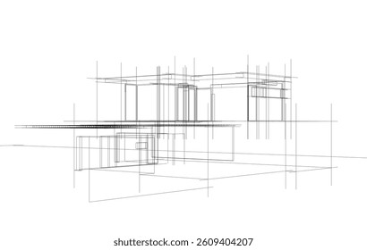 Futuristic Architectural Wireframe. Abstract Modern Building Design in Digital Sketch 3D Style