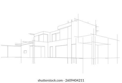 Futuristic Architectural Wireframe. Abstract Modern Building Design in Digital Sketch 3D Style