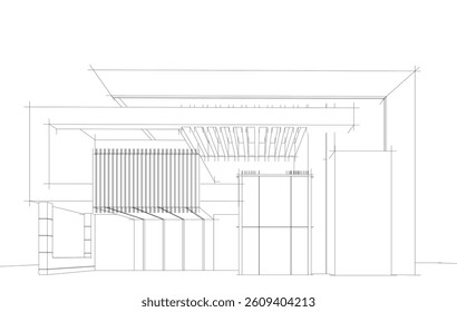Futuristic Architectural Wireframe. Abstract Modern Building Design in Digital Sketch 3D Style