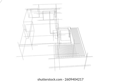 Futuristic Architectural Wireframe. Abstract Modern Building Design in Digital Sketch 3D Style