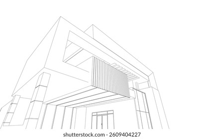 Futuristic Architectural Wireframe. Abstract Modern Building Design in Digital Sketch 3D Style