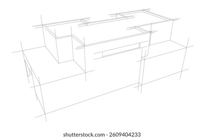 Futuristic Architectural Wireframe. Abstract Modern Building Design in Digital Sketch 3D Style
