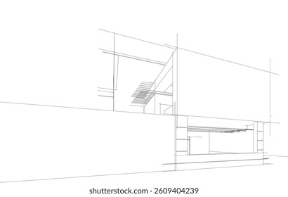 Futuristic Architectural Wireframe. Abstract Modern Building Design in Digital Sketch 3D Style