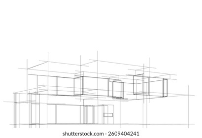 Futuristic Architectural Wireframe. Abstract Modern Building Design in Digital Sketch 3D Style