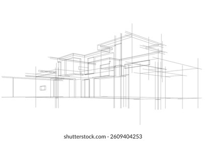 Futuristic Architectural Wireframe. Abstract Modern Building Design in Digital Sketch 3D Style