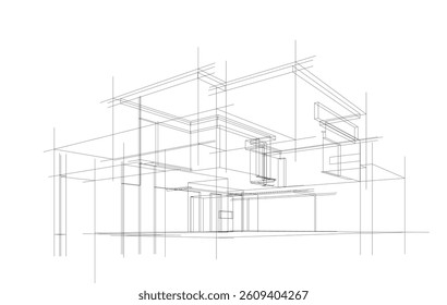 Futuristic Architectural Wireframe. Abstract Modern Building Design in Digital Sketch 3D Style