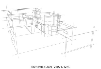 Futuristic Architectural Wireframe. Abstract Modern Building Design in Digital Sketch 3D Style