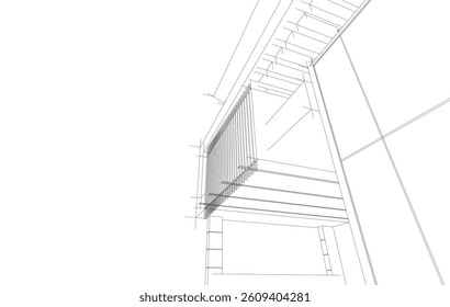 Futuristic Architectural Wireframe. Abstract Modern Building Design in Digital Sketch 3D Style