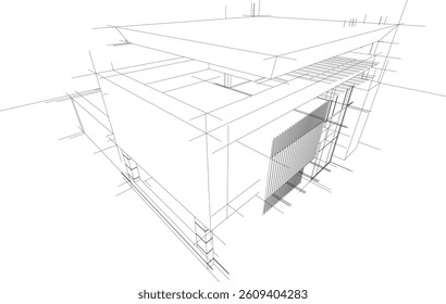 Futuristic Architectural Wireframe. Abstract Modern Building Design in Digital Sketch 3D Style
