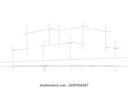 Futuristic Architectural Wireframe. Abstract Modern Building Design in Digital Sketch 3D Style