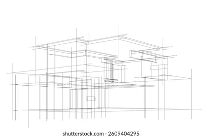 Futuristic Architectural Wireframe. Abstract Modern Building Design in Digital Sketch 3D Style