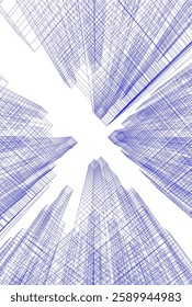 Futuristic Architectural Wireframe – Abstract Skyscraper Cityscape with Geometric Perspective	