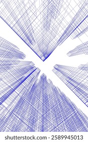 Futuristic Architectural Wireframe – Abstract Skyscraper Cityscape with Geometric Perspective	