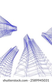 Futuristic Architectural Wireframe – Abstract Skyscraper Cityscape with Geometric Perspective	