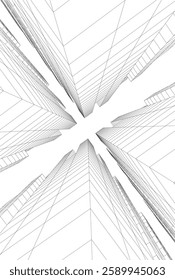 Futuristic Architectural Wireframe – Abstract Skyscraper Cityscape with Geometric Perspective	