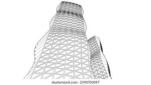 Futuristic Architectural Wireframe – Abstract Skyscraper Cityscape with Geometric Perspective