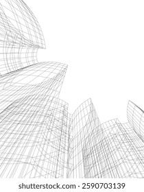 Futuristic Architectural Wireframe – Abstract Skyscraper Cityscape with Geometric Perspective