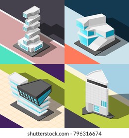Futuristic architecture 2x2 design concept  with four square elements demonstrating abstract buildings of original and unusual design isometric vector illustration 