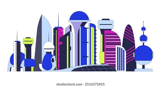 Futuristic architecture futurism city cartoon flat illustration. Scifi buildings town 2D cityscape isolated on white background. Future skyscrapers. Science fiction downtown scene vector color image