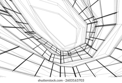 Futuristic Architecture Sketch - Abstract Building Facade - Geometric Perspective - Vector Illustration