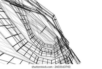 Futuristic Architecture Sketch - Abstract Building Facade - Geometric Perspective - Vector Illustration
