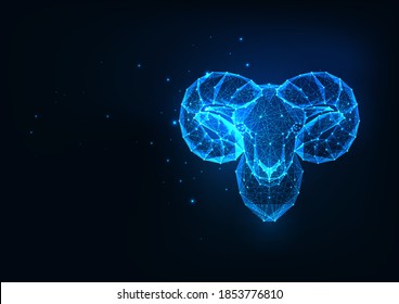 Futuristic Aries zodiac sign concept with glowing low polygonal ram or mouflonhead isolated on dark blue background. Modern wireframe mesh design vector illustration.