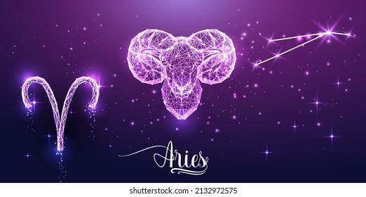 Futuristic Aries zodiac sign on dark purple background. Glowing low polygonal design vector. 
