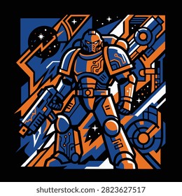 A futuristic armored soldier stands ready for a space mission