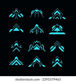 Futuristic arrow hud and navigation pointers. blue neon light arrow cursor,