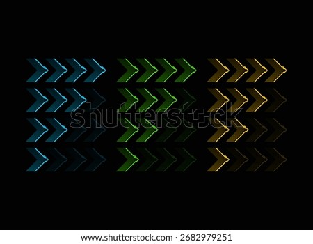 Futuristic Arrow Progression Bar HUD Cyberpunk Neon Blue Green Yellow Game Interface Level Rank Upgrade Indicator UI Design Elements