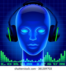 Futuristic artificial head in blue light with headphones and green graphic equalizer. Metaphor and cover for modern music. Three dimensional stylized drawing. Vector illustration