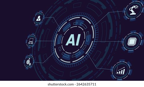 Futuristic artificial intelligence background featuring circuits, robotic icons, and digital tech layout for innovation and technology presentations