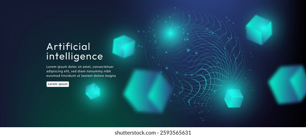 Futuristic artificial intelligence background with glowing digital cubes, data particles and network effects on a dark technology landscape.