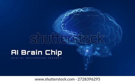 Futuristic artificial intelligence background with glowing blue brain and AI processing chip connected circuit board, vector illustration.