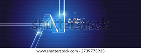 Futuristic artificial intelligence background with glowing AI letters, digital signal beam and abstract data lines. Concept of generative AI and smart systems.