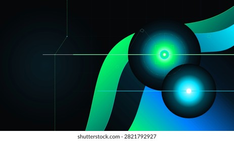 Futuristic artificial intelligence background showcasing glowing scanning lens flares on silk fabric waves framing left copy space. Neon Green, Cyan and Ebony color theme.